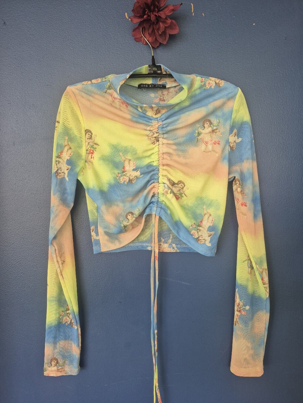 Long Sleeve Ruched Crop Top in Pastel Tie-Dye with Cherub Print